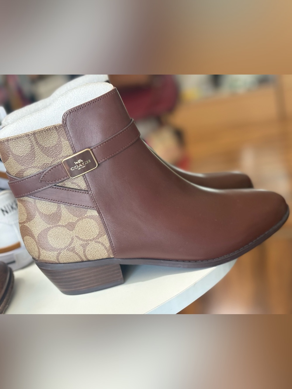 COACH Brown Leather & Signature Canvas Ankle Booties